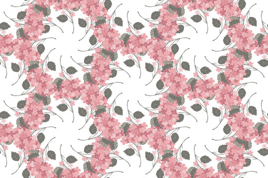Seamless vector pattern with pink hydrangea flowers and leaves. Elegant floral background for fabric, wallpaper, and wedding designs.