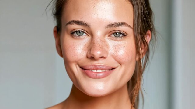 Woman with Freckles Completing Gentle Skincare Routine