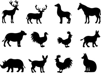 Fototapeta premium Farm and Wild Animal Silhouette Set with Deer Horse Rooster Rhino and Fox