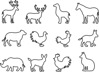 Fototapeta premium Farm and Wild Animal Outline Icon Set with Deer Horse Rooster Rhino and Fox