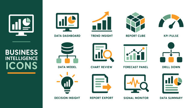 Business intelligence colorful icon set. Featuring data dashboard, trend insight, report cube, KPI pulse, data model, and chart review. Vector icons for corporate analytics and data visualization.