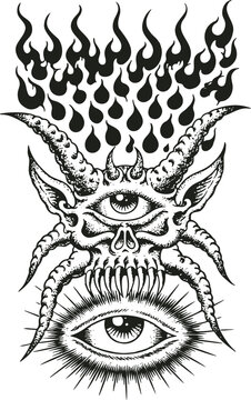 Horned Cyclops Demon Skull with Tentacles, Flames and Radiant All-Seeing Eye, Hand-Drawn Ink Illustration