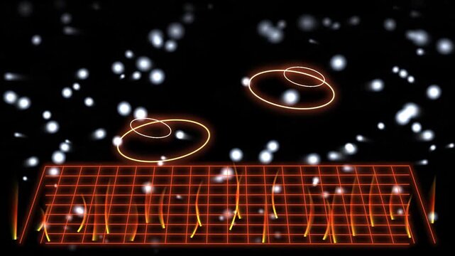Quantum physics concept showing particle movement and energy grids in space