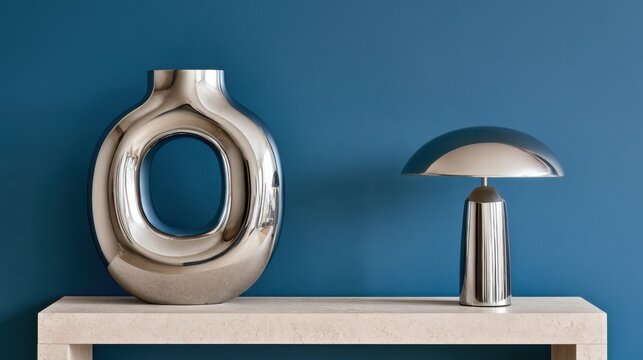 Sculptural chrome vase and metallic table lamp on stone console with teal background for modern interior design poster and background