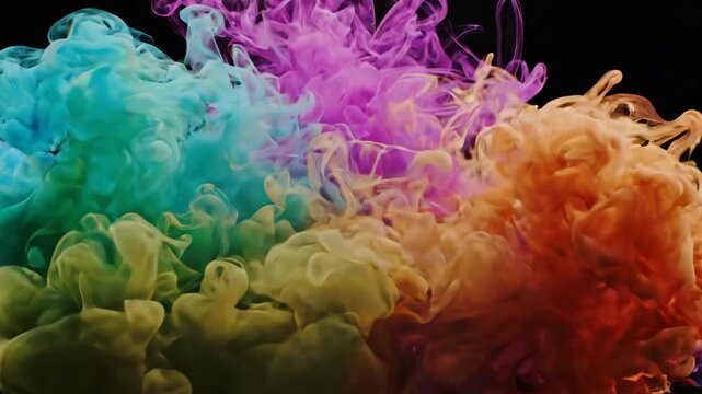 Vibrant plumes of colorful ink swirling and expanding in dark water, creating an abstract explosion.