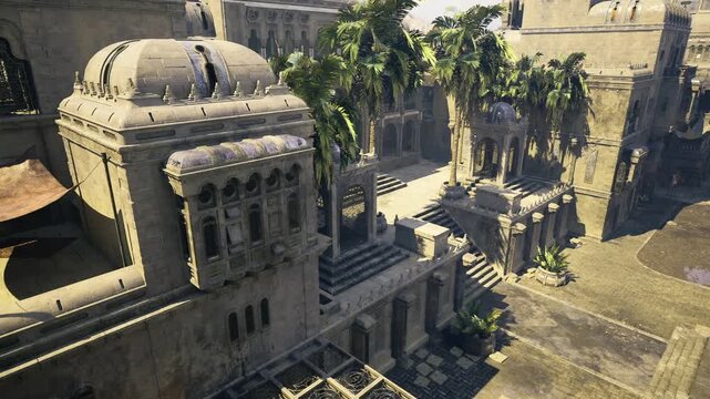 sunlit sandstone terrace with ornate columns, conservator inspection mood, golden light casting palm silhouettes across weathered stucco and carved balustrades,
