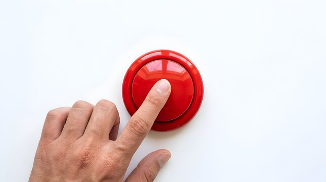 Hand pushing big red button isolated on white background symbol of emergency alert start or stop action