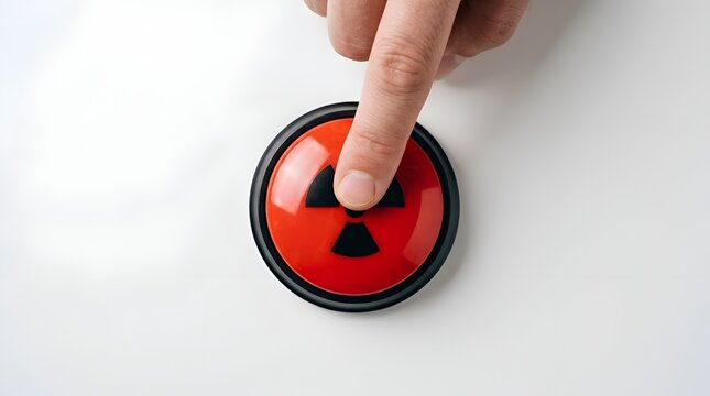 A finger pushing a red emergency panic button with nuclear radiation sign symbol on white background