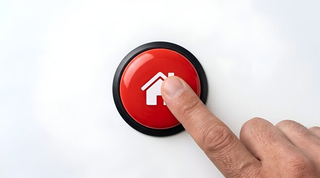Finger pressing a prominent red button adorned with a white house icon, symbolizing smart home control, security activation, or a direct call to action for residential services and property management