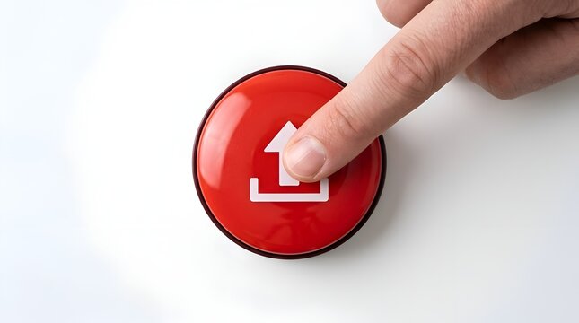 Hand pressing a red push button with white upload icon symbol on clear background for digital data transfer concept