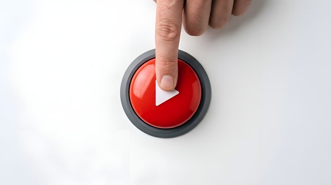 Hand pressing a red play button on a white surface, signifying the start of a video or multimedia content