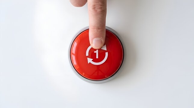 Top view of a person pushing a red button with a refresh symbol to start over or reset a system process on a plain surface