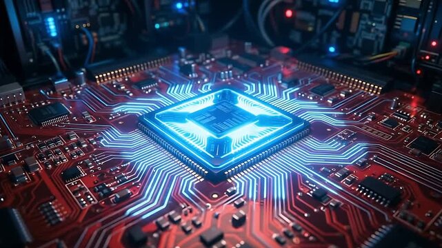 Futuristic microchip and circuit board glowing with neon blue light, symbolizing technology, innovation, data processing, artificial intelligence, digital network, and advanced electronic engineering.