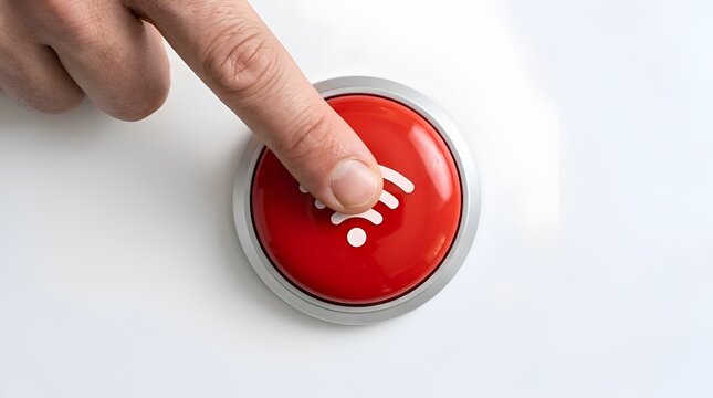 Hand pressing red push button with wifi icon to turn on wireless internet connection
