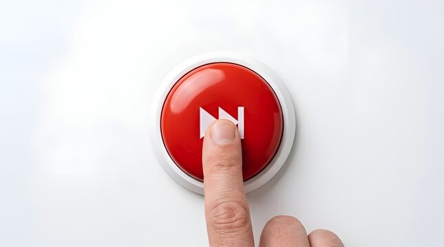 Close-up of a human finger pressing a big red fast forward button on a white surface