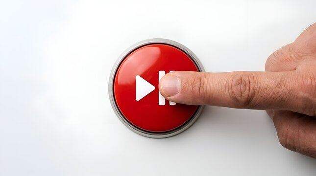 Close-up of a finger pressing a large red button with a play symbol on a white surface, symbolizing starting or initiating an action or process