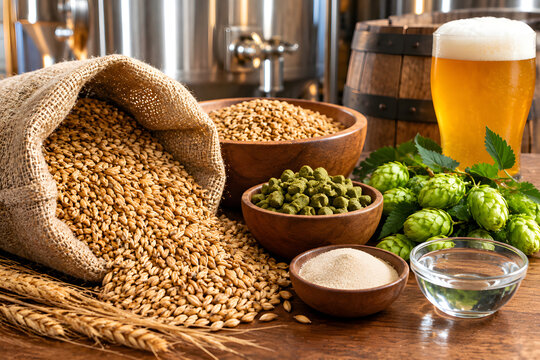 Craft beer ingredients including barley malt green hops yeast and water on wooden table in brewery