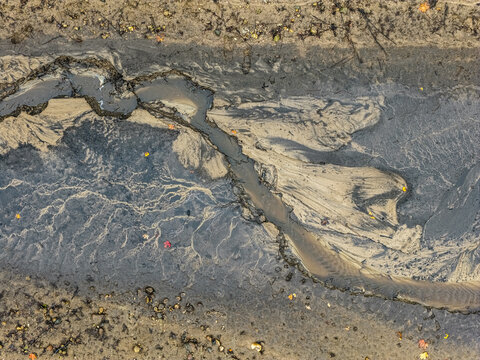 Aerial view of a textured riverbed with dark silt and light sand patterns, scattered autumn leaves, and natural erosion formations in Latvia.