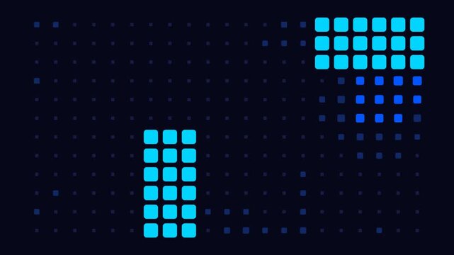 Dynamic digital matrix animation with glowing cyan and orange squares morphing on dark background, for high-tech corporate, presentation and cyberpunk backgrounds