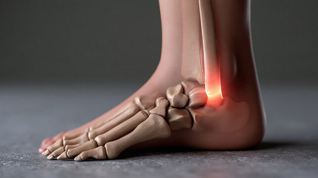 Medical cross section render of human ankle bones with a vivid pulsing crimson zone at the lateral ligament, sprained ankle anatomy, orthopedic education poster, sports injury