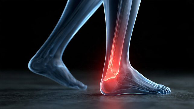 Translucent digital human figure standing with a pulsating red region at the Achilles tendon zone, tendinitis pain visualization, sports medicine infographic, podiatric health