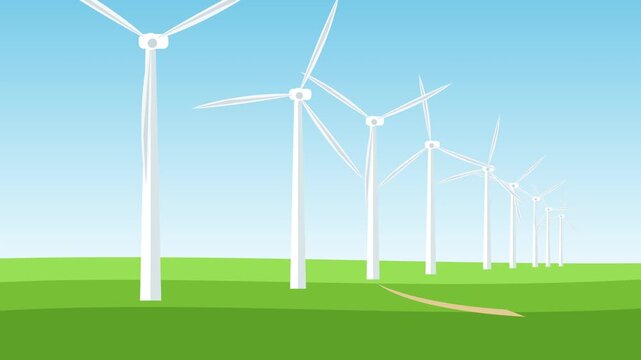 Minimalist 2D Animation of Rotating Wind Turbines on Green Landscape 4K UHD Footage fit for Renewable Energy Presentations, Sustainability Ads, and Clean Power Marketing Campaigns