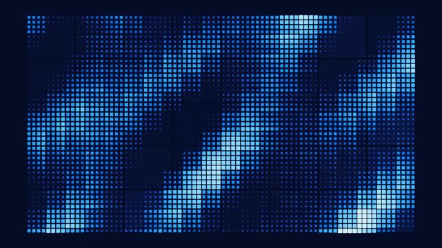 Blue led digital matrix display background, with moving light, waves and abstract, cyber tech motion