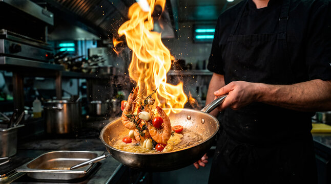 Chef sauteing seafood with high dynamic flame burst in stainless steel pan