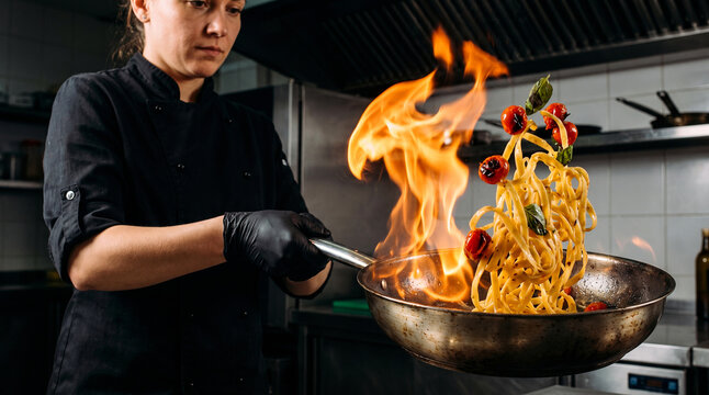 Female chef tossing fresh pasta with cherry tomatoes in blazing fiery pan
