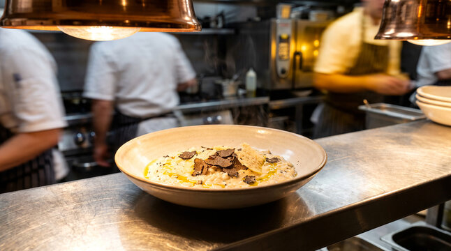 Truffle risotto with parmesan crisp waiting on stainless steel pass counter