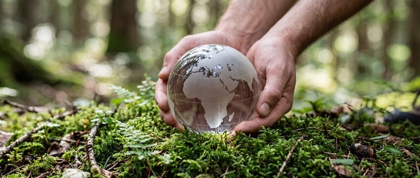 Hand holding miniature globe on mossy ground.