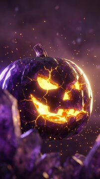 Cracked amethyst pumpkin glows with molten lava smile on spooky Halloween night