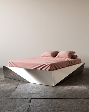 Contemporary platform bed with rose bedding and sculptural geometric metallic base for interior design editorial, furniture showcase and background use