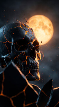 Fractured obsidian skull glows with lava cracks beneath a haunting full moon