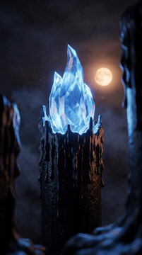 Icy blue crystal flame rises from a melted wax candle under Halloween moon