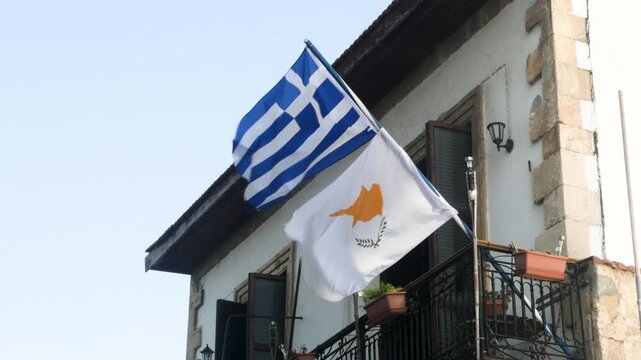 Larnaca, Cyprus, 2026,9th july, flags of Greece and Cyprus flutter in the wind