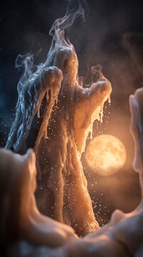 Ghostly melting wax figure drips and rises before a glowing Halloween moon