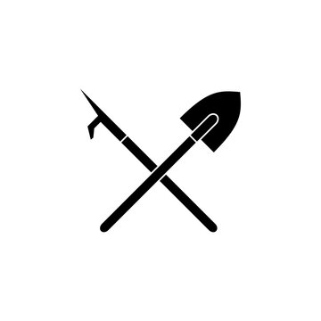 This is a minimalist vector illustration of a Hook and Shovel icon, featuring a simple, clean, and solid glyph style. The icon can be used as a symbol, sign, or logo.