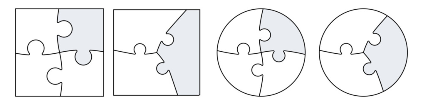 Jigsaw Puzzle Shape Diagram Set with Square and Circular Piece Layouts, Clean Editable Vector Templates for Infographics, Games, Education, Business and Creative Graphic Design