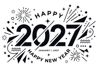Happy New Year 2027 vector typography design with abstract geometric fireworks and memphis style elements in black and white © Mari