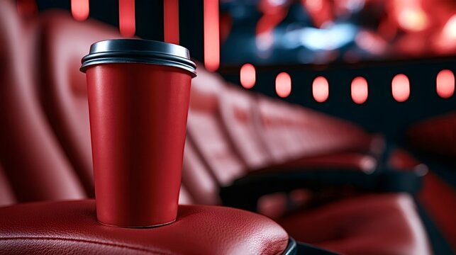 Red paper cup with black lid perched on a cinema seat armrest, evoking movie theater refreshments, quiet dark hall, selective focus and bokeh lights, cozy viewing experience