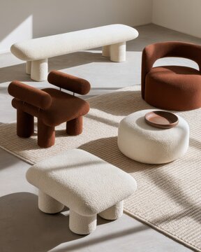 Minimalist neutral boucle seating arrangement with rounded modern chairs and bench for interior design background and furniture styling