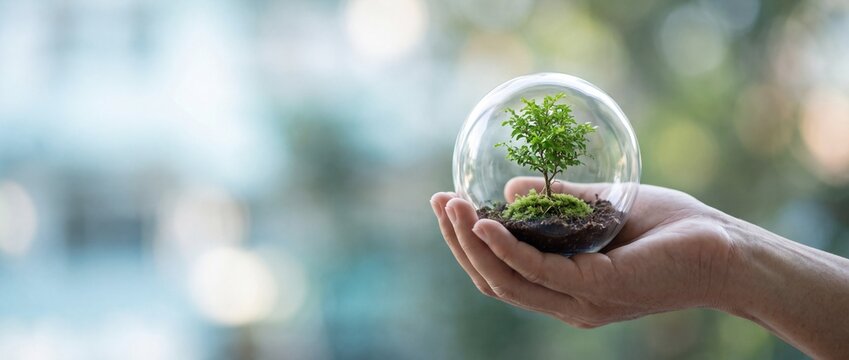 Hands holding glass jar with small plant growing.