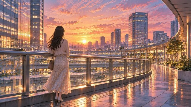 夕焼けデッキの若い女性
