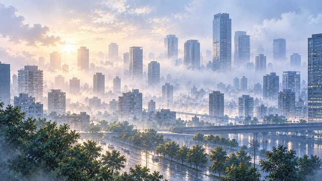 霧の高層街風景