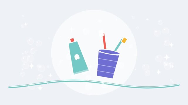 Vibrant 2D animated dental care background, with toothbrush, toothpaste, tube, and bubbles, for oral hygiene, and healthcare explainer