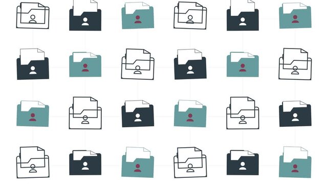 Seamless animation loop of corporate folder icons with documents and user profiles for data management and organization backgrounds