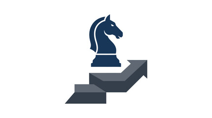 Blue chess knight standing on rising growth arrow stairs representing business strategy success © Shodaime