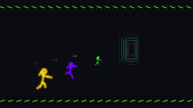 Colorful neon stick figures running and jumping toward a portal gateway in an abstract digital animation