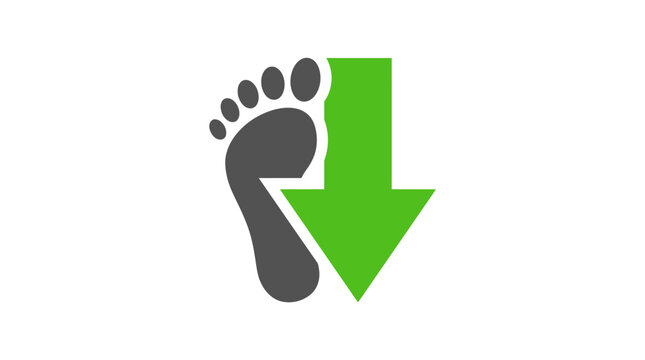 Green downward arrow and human footprint icon representing carbon footprint reduction